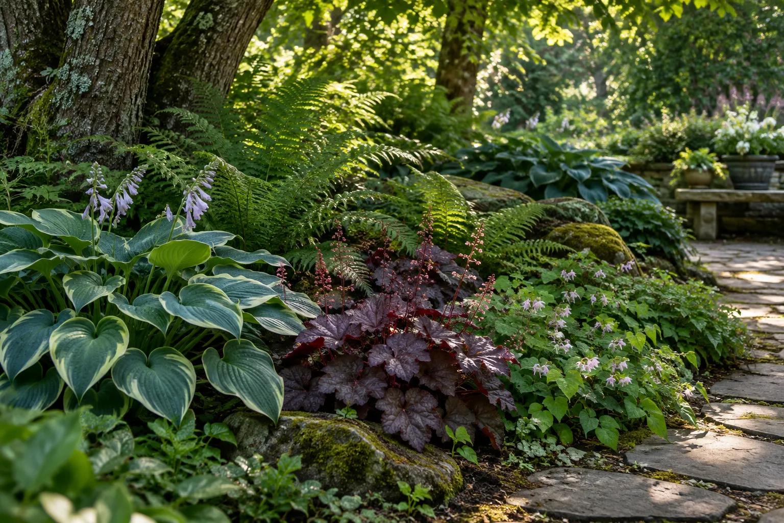 Hostas, helechos y otras plantas de follaje en un jardín sombreado bajo árboles