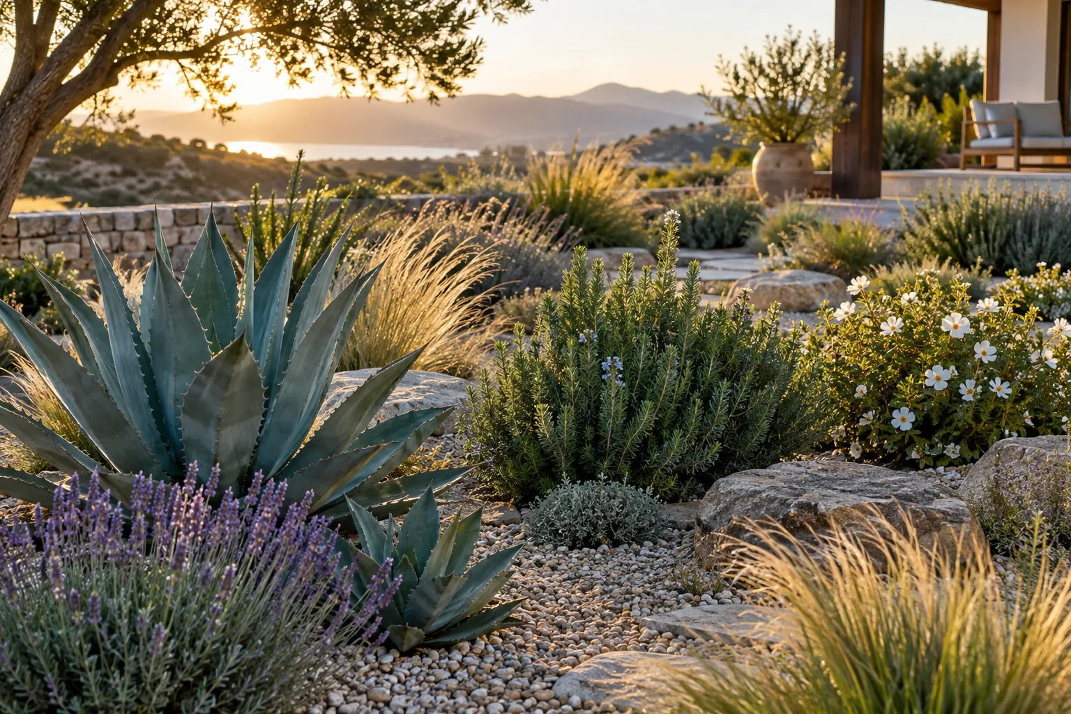 Jardín de grava con plantas de bajo consumo de agua y arbustos mediterráneos