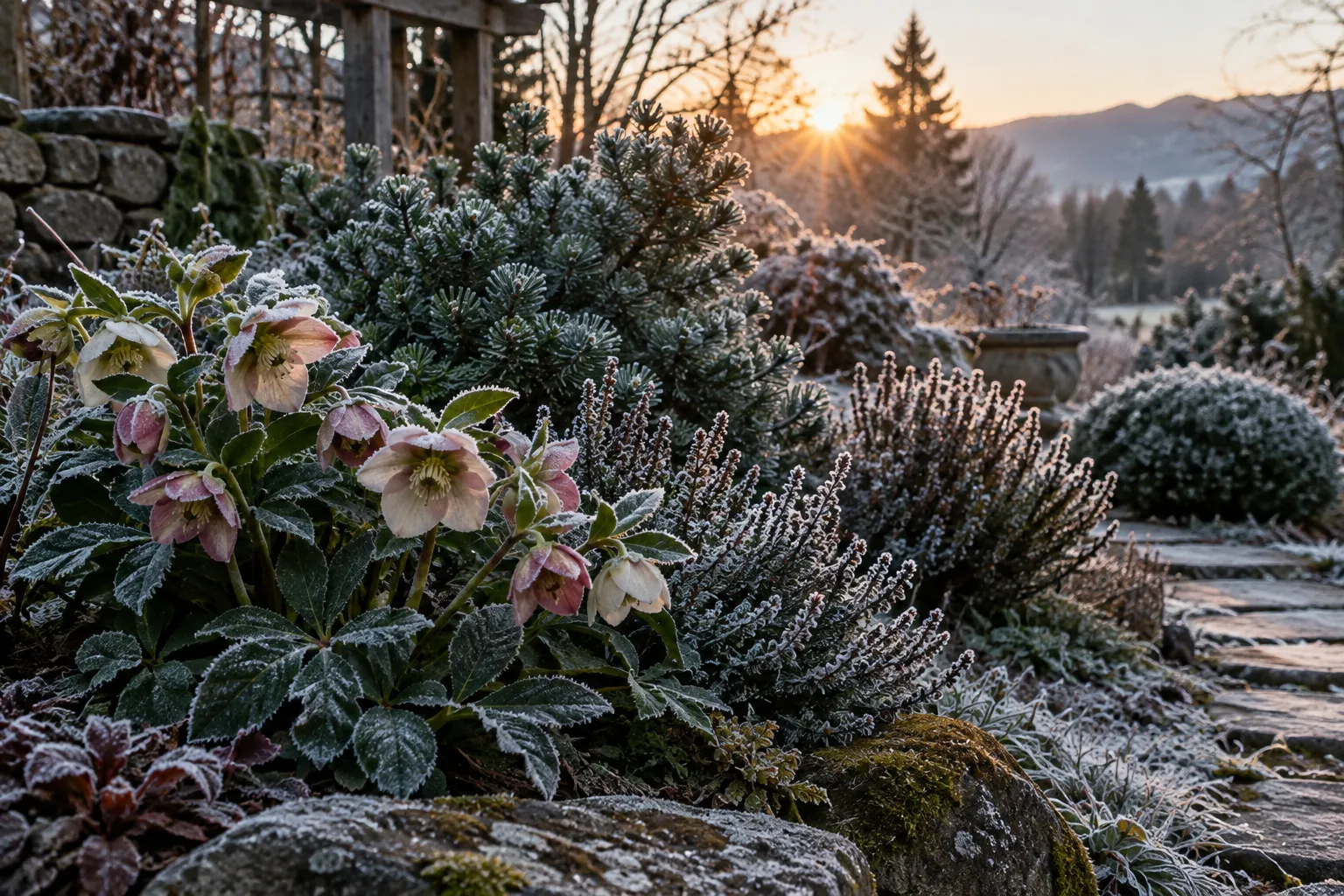 Flores de eléboro y arbustos cubiertos de escarcha en un jardín al amanecer
