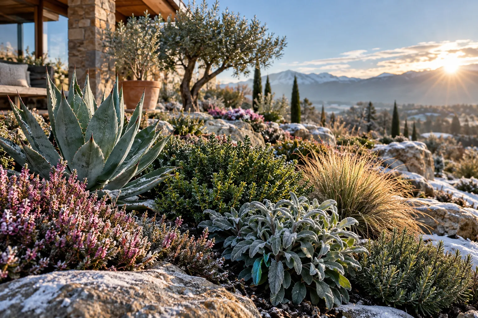 Jardín de rocalla soleado con plantas de distintos portes y restos de nieve en las piedras