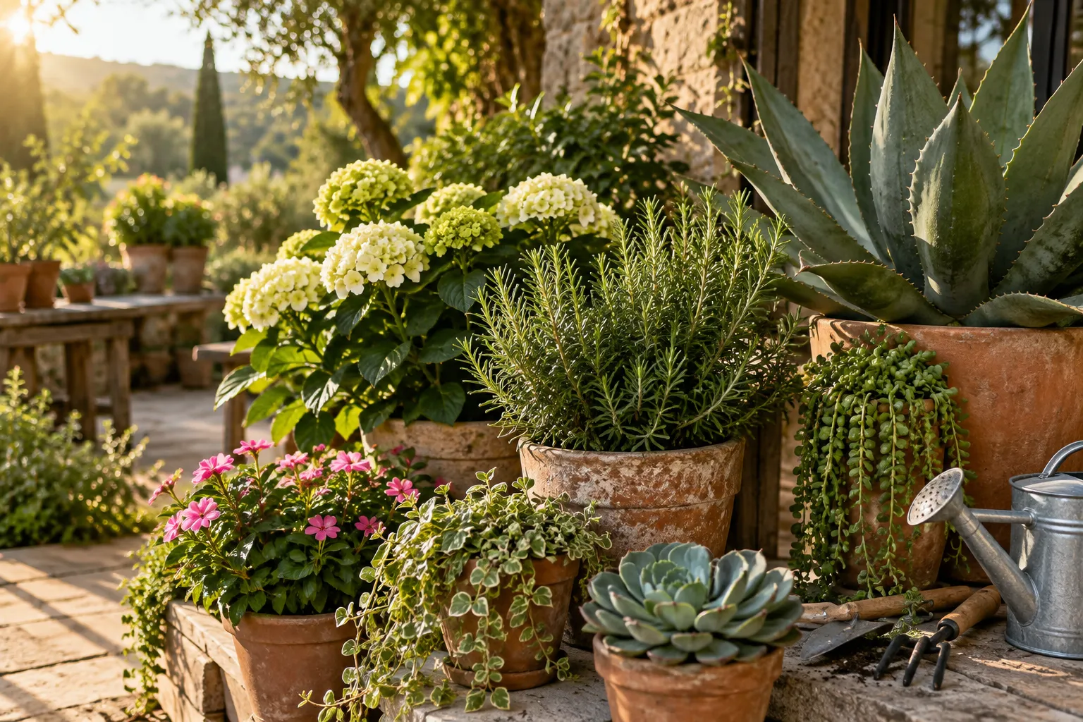 Varias plantas de exterior en macetas con distintas necesidades de sol y riego