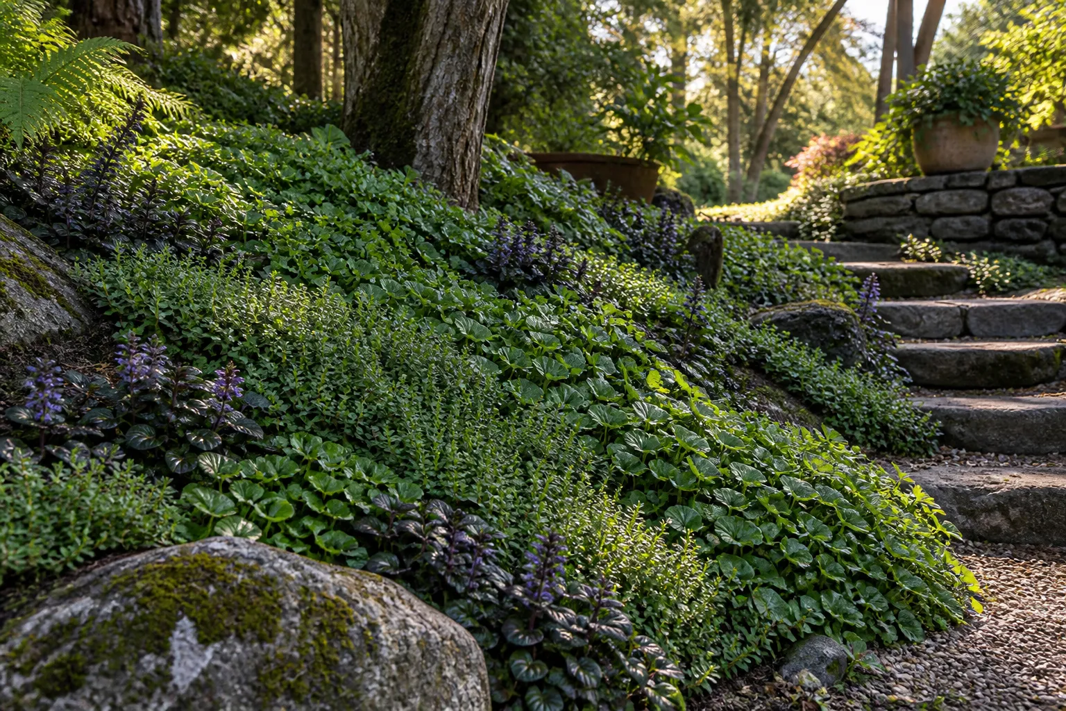 Plantas tapizantes verdes y pequeñas flores moradas en una ladera sombreada junto a escalones de piedra