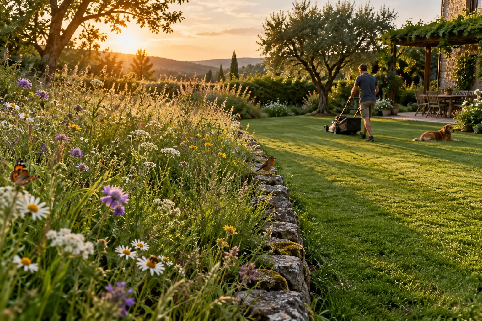 Pradera florida junto a una zona de césped segado en un jardín