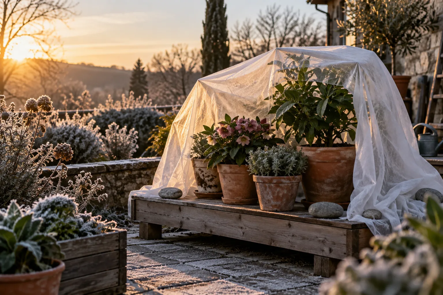 Macetas con plantas floridas protegidas por una cubierta translúcida en una terraza con escarcha