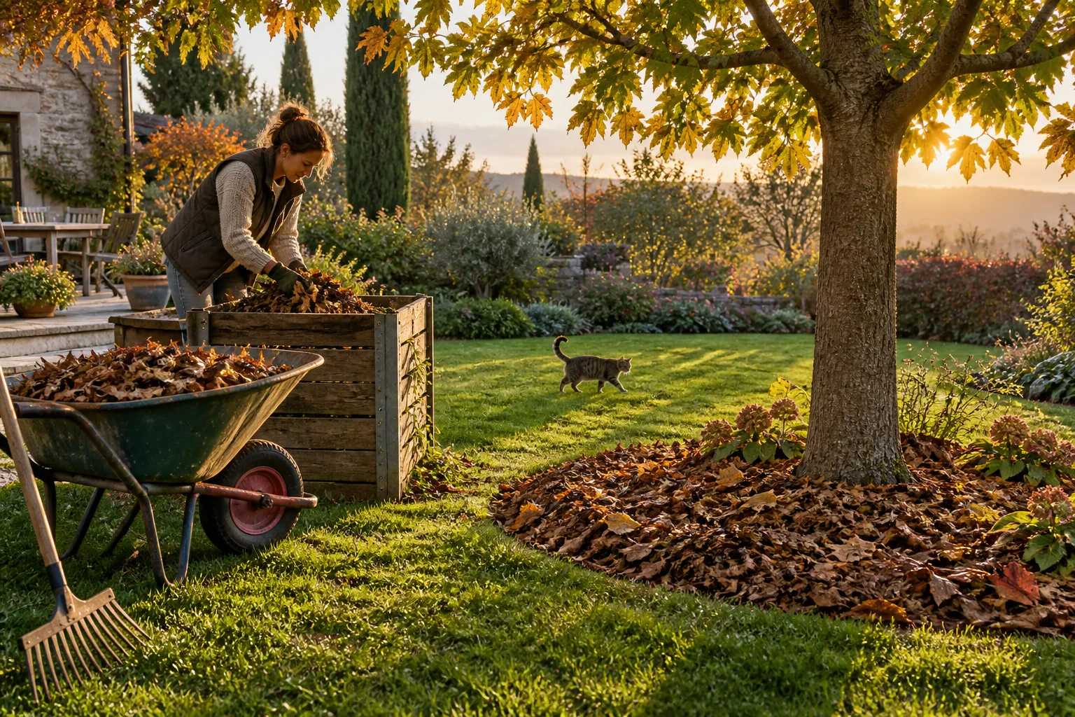 Hojas caídas recogidas y repartidas en distintas zonas del jardín
