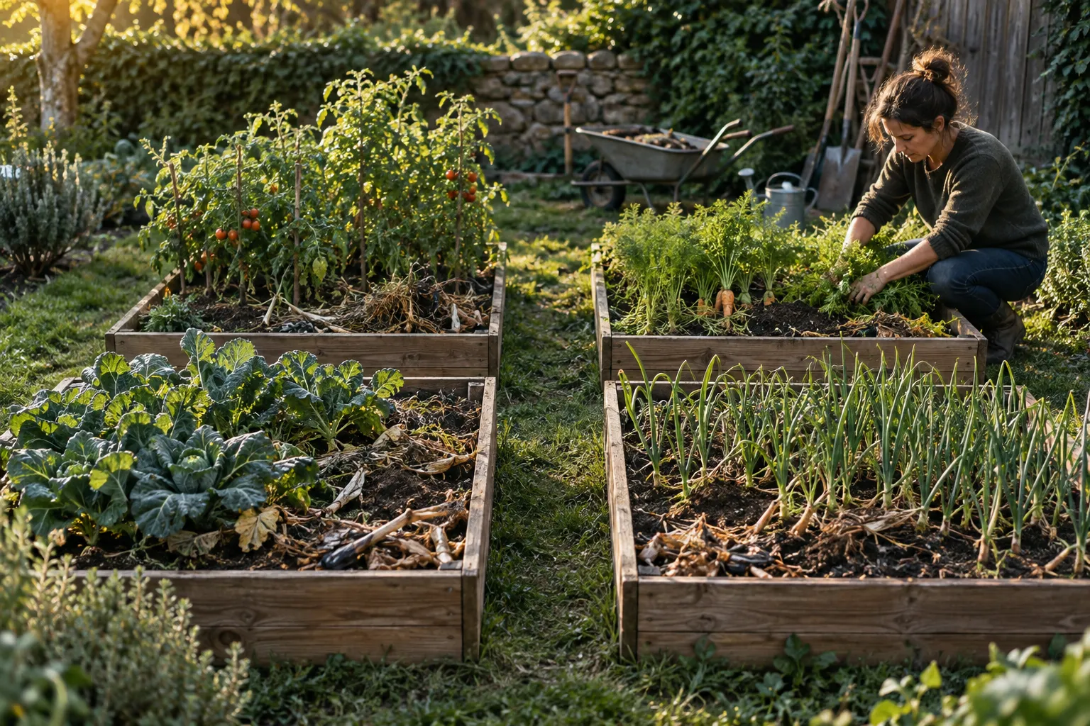 Bancales de huerto con hortalizas en distintas fases de cultivo.