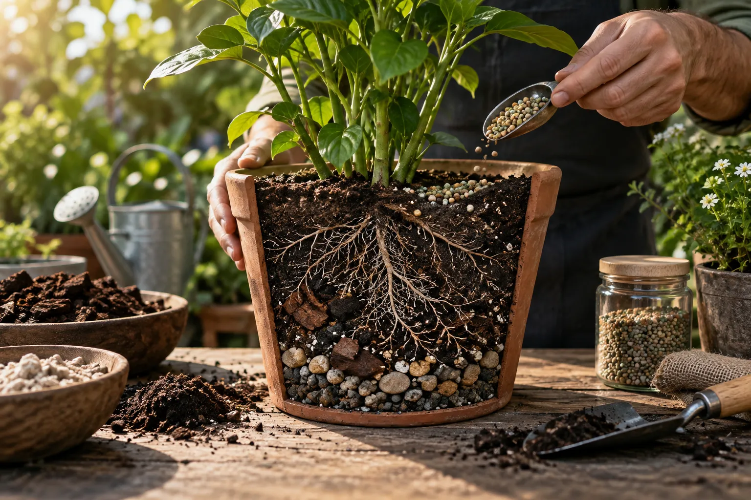 Mano añadiendo abono granulado a una planta en maceta con sustrato