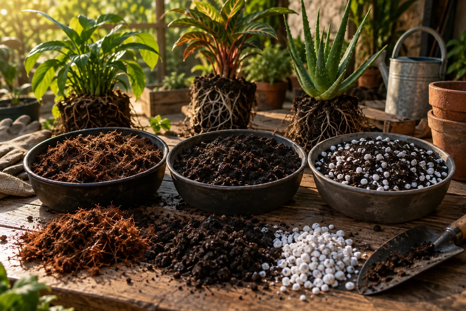 Sustrato húmedo preparado para una planta en maceta