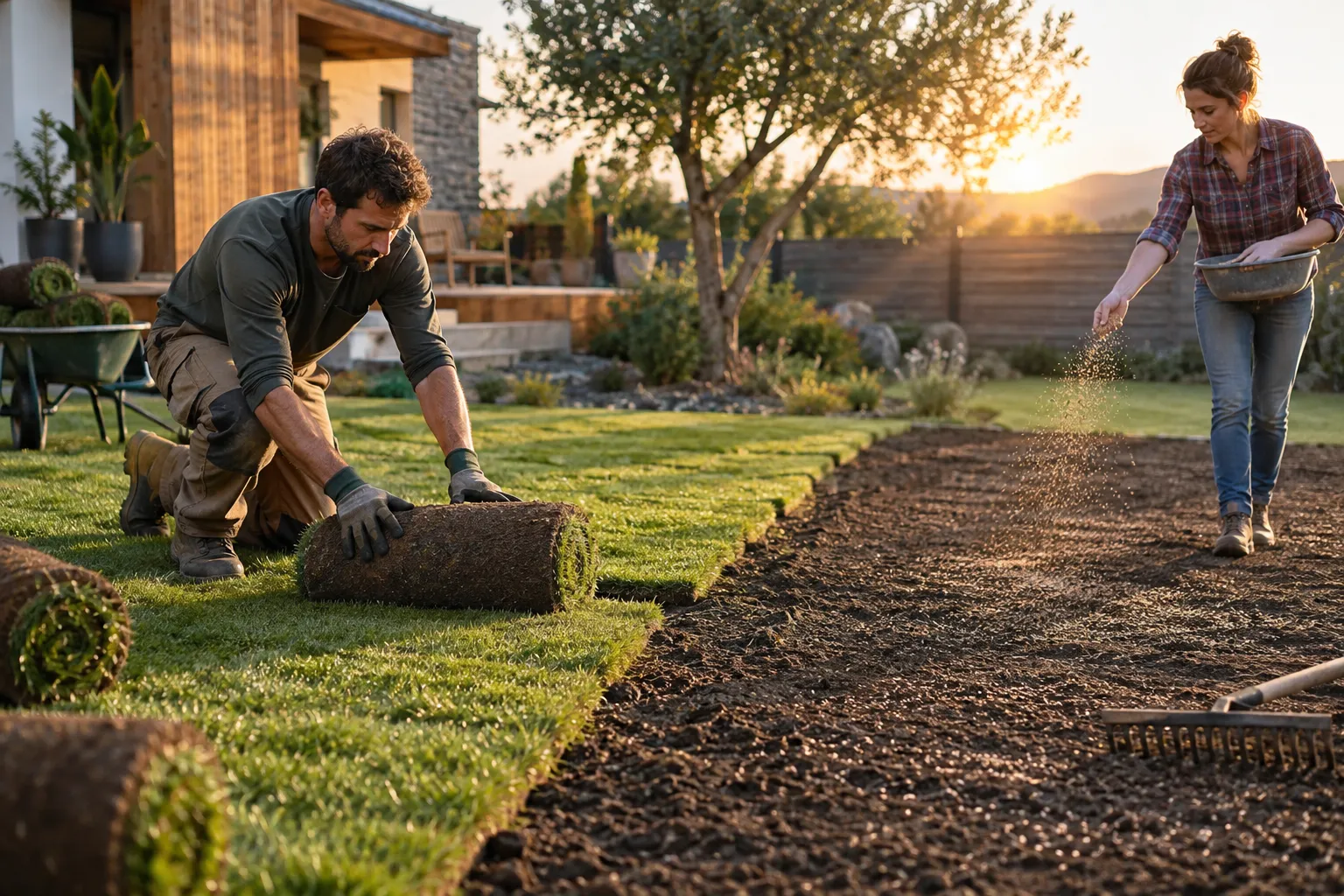 Dos personas preparando una pradera, una con tepes y otra con semillas.