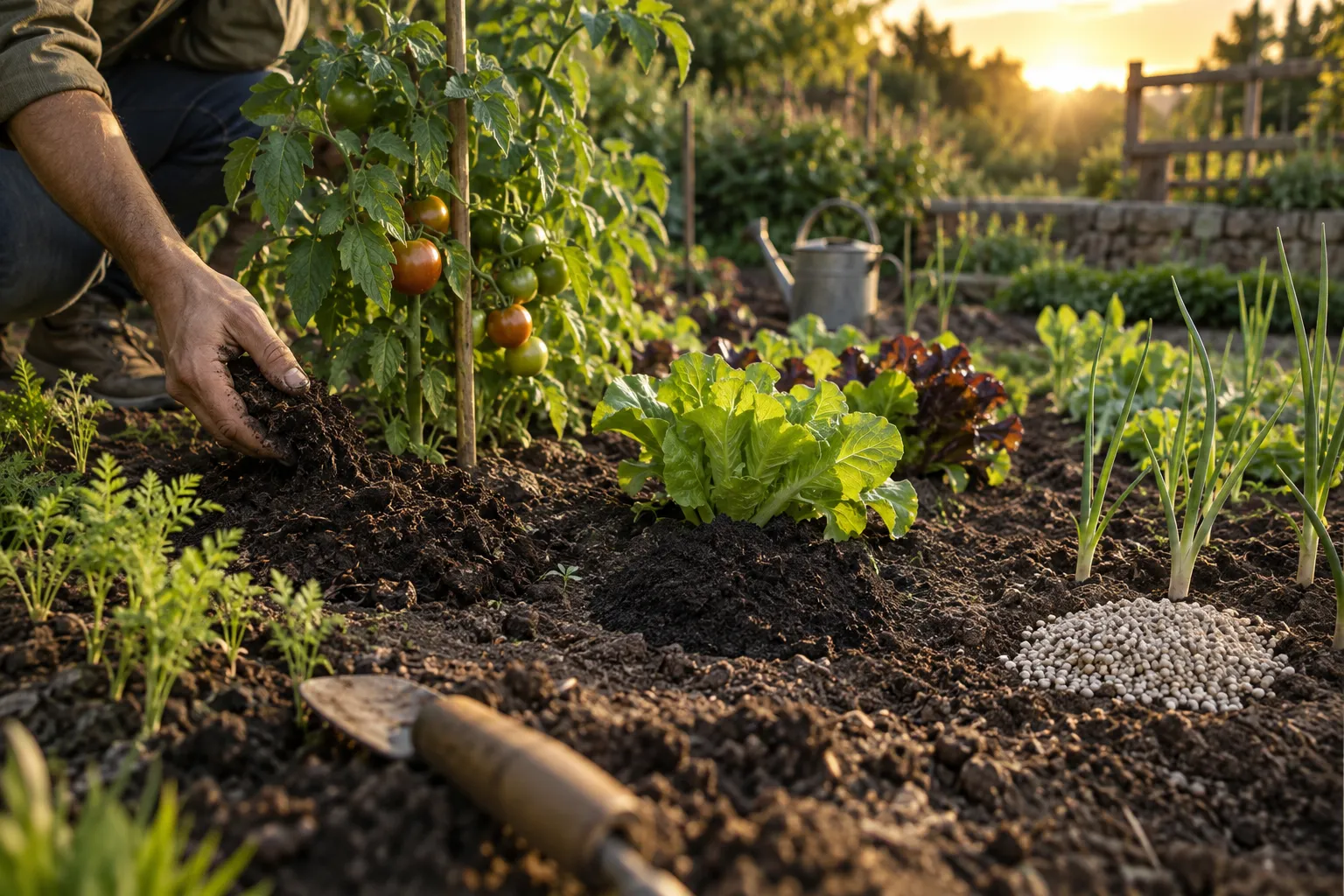 Mano distribuyendo abono granulado junto a plantas de tomate.