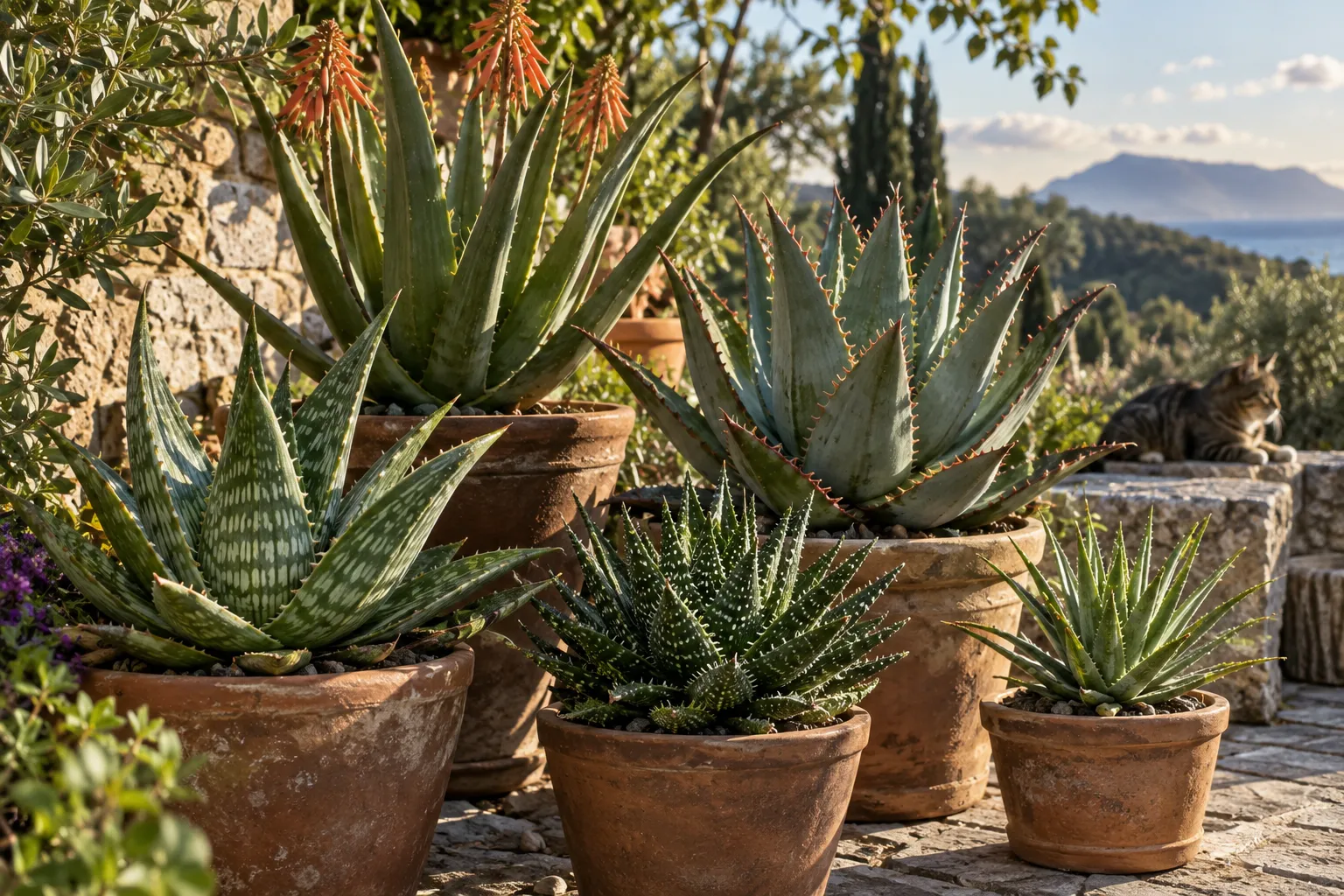 Varios tipos de aloe en macetas, con hojas de distintos tamaños y dibujos