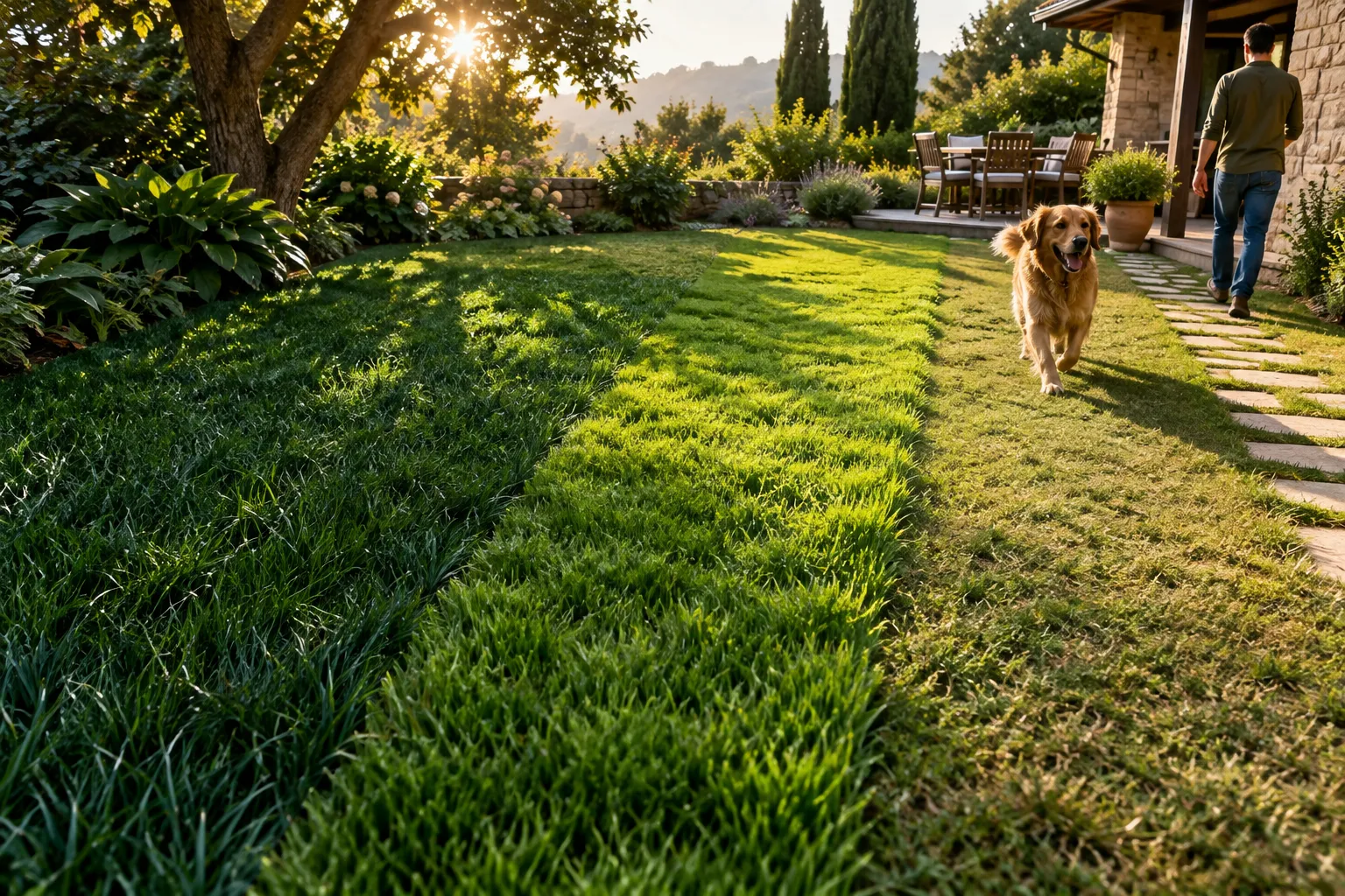 Perro caminando por un césped con zonas de sol y sombra.