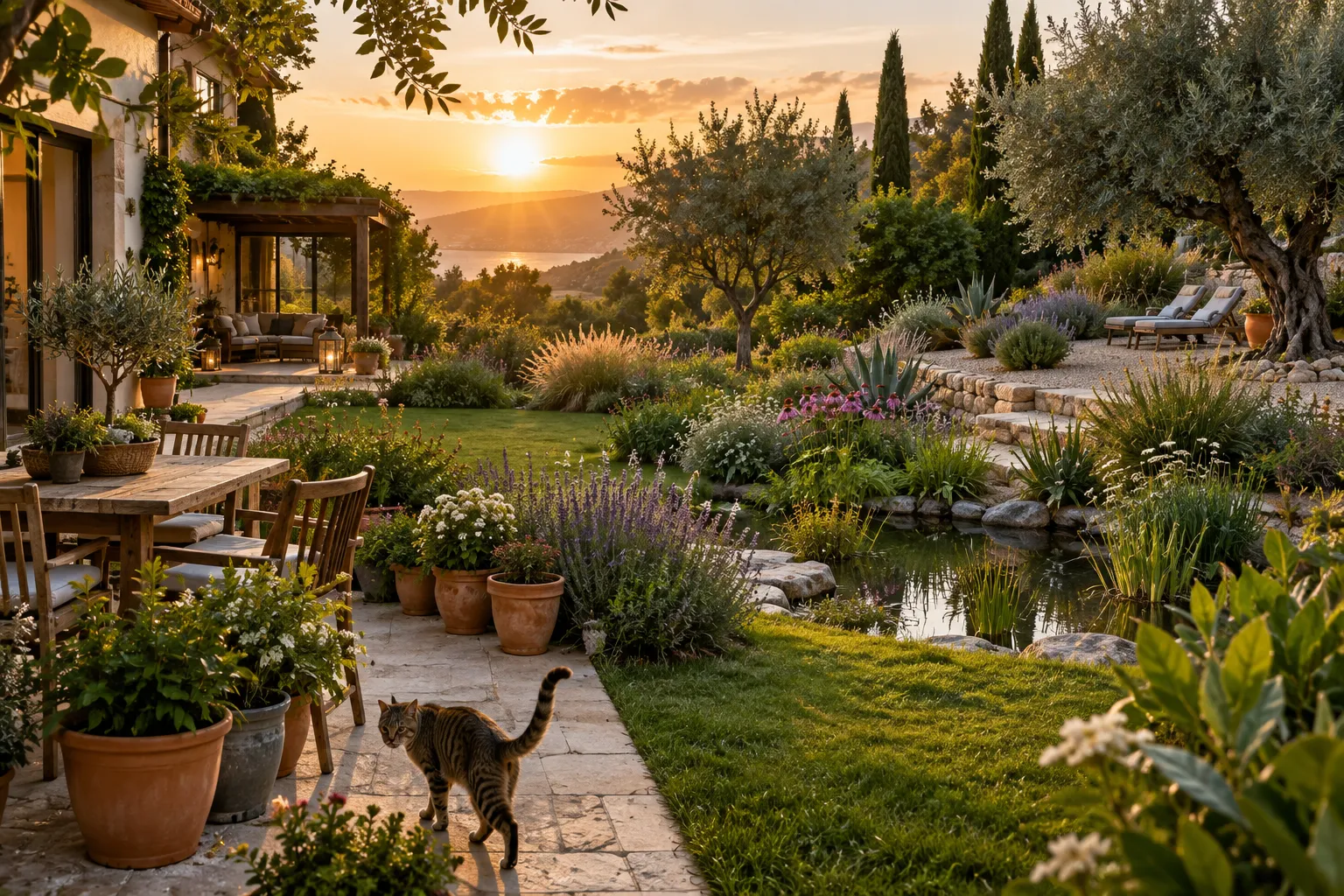 Jardín doméstico dividido en zonas de plantación y descanso