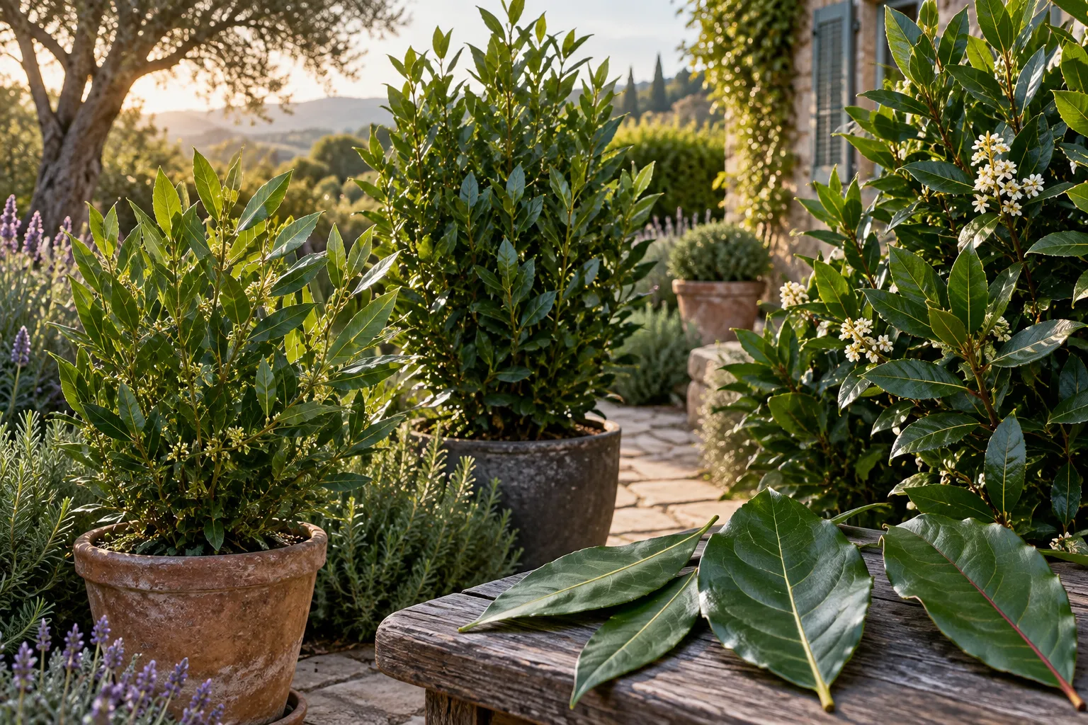 Distintos laureles en macetas y hojas de formas diferentes sobre una mesa de jardín