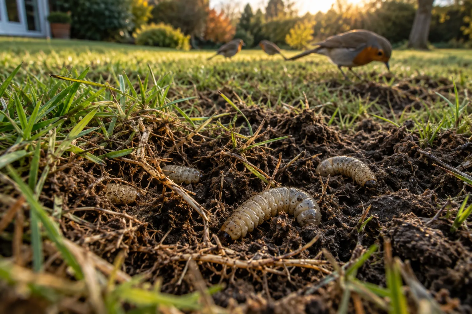 Larvas grises sobre la tierra bajo una zona de césped levantada.