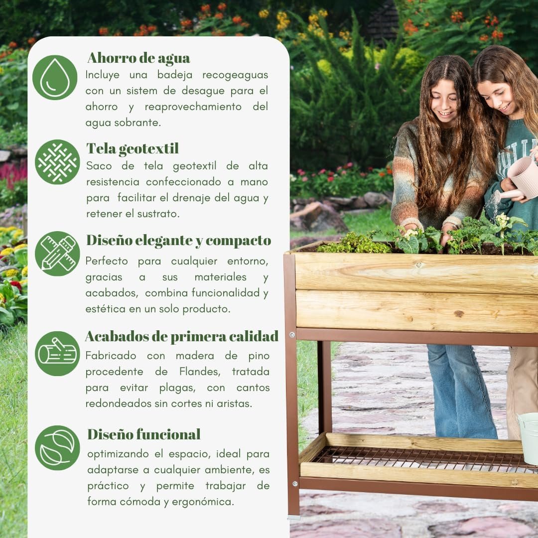 Jardinera elevada MI HUERTO URBAN de madera con estructura metálica y bandeja recoge aguas