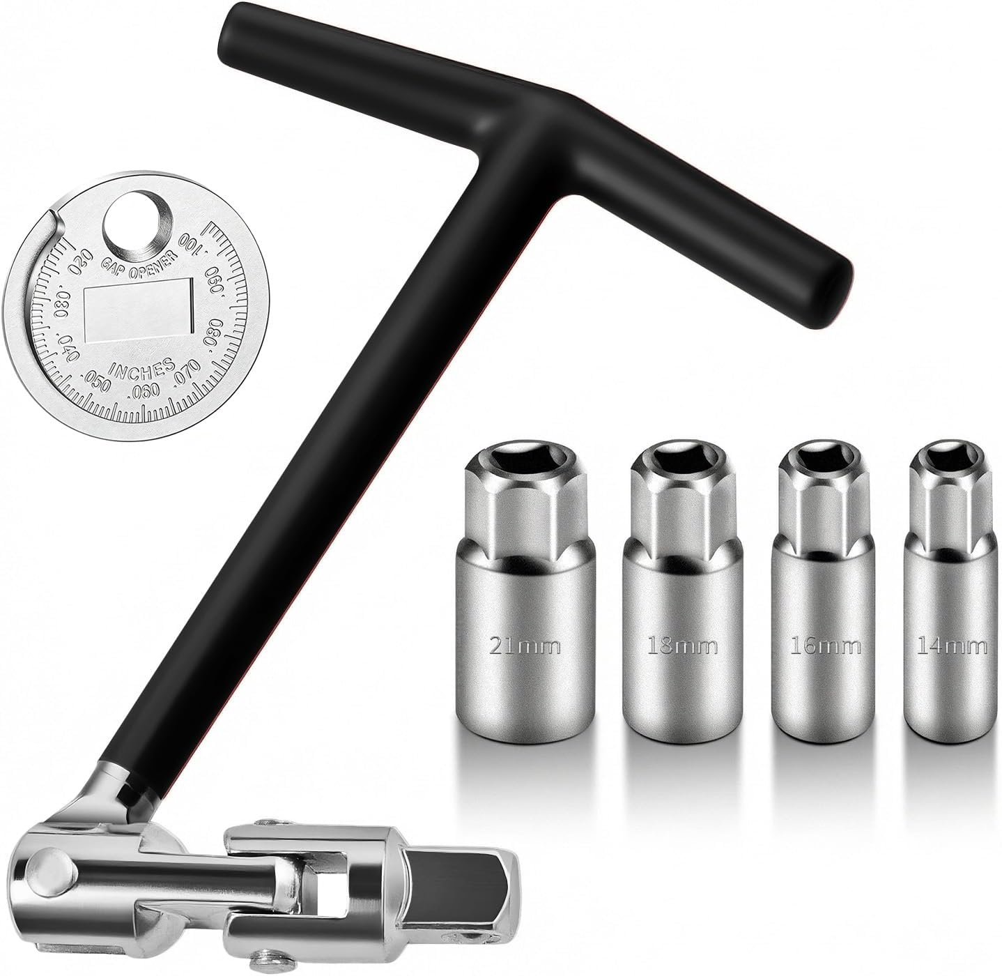 Llave de bujía con mango en T y vasos de 14, 16, 18 y 21 mm