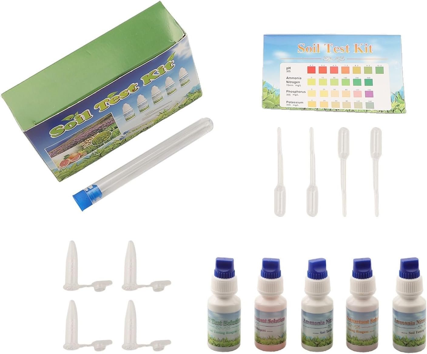Kit de análisis de suelo con reactivos y carta de colores